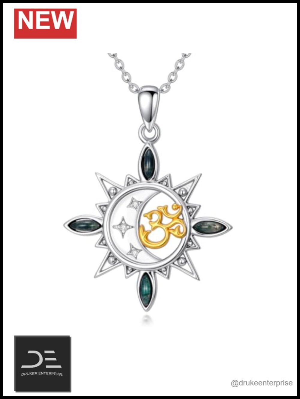 Dainty Moss Agate Diamond OM Pendant Necklace 925 Sterling Silver